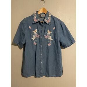 VTG PASSION-I Top Womens Large Blue Butterfly Embroidered Button Up Fairy 90s